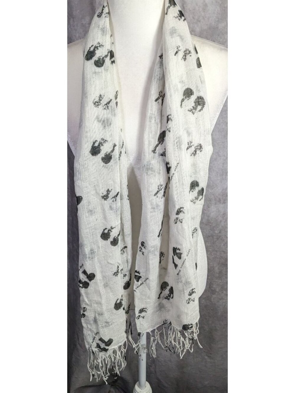 Boy Meets Girl Lightweight White Scarf With Black Silhouette Print & Fringe - Picture 7 of 8